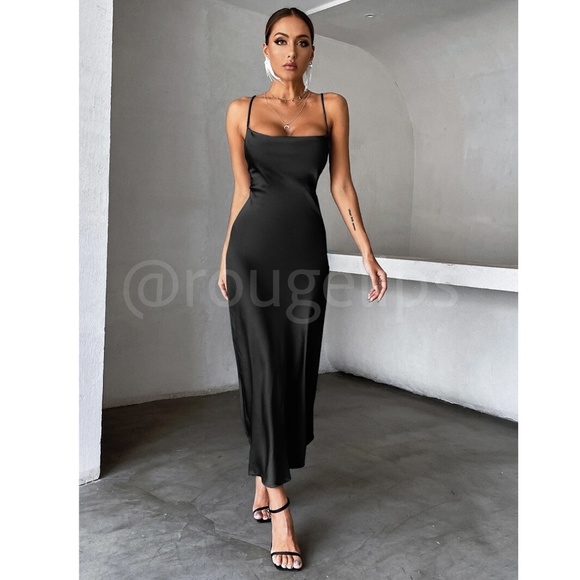 Black Satin Dress Midi Cowl Neck Back Ties - Picture 4 of 7